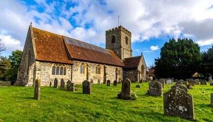 Fototapeta premium A magnificent old stone church stands proudly amidst a historic graveyard under a partly cloudy sky.
