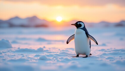 The charming portrait captures a playful penguin frolicking in a snowy landscape, radiating pure joy against the soft hues of a sunset backdrop.