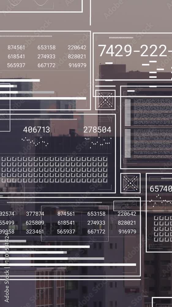 Poster animation of interfaces with data processing against aerial view of cityscape