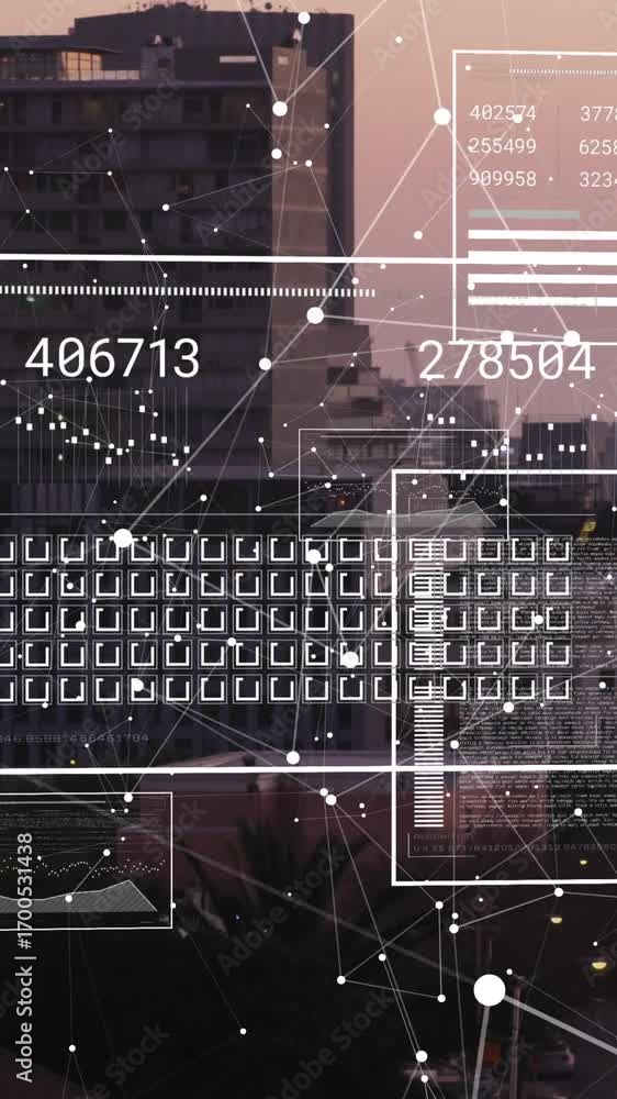 Poster animation of data processing over cityscape