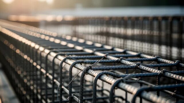 Closeup on rebar mesh and wire tying for reinforcement prior to concrete pour in EVcharging platform areas.