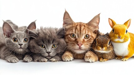 Cats and rabbits looking at the camera together&mdash;a great option for articles about pets, friendship, and family photo albums.