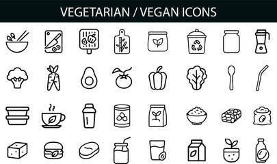 Vegetarian and Vegan Icon Set for Plant-Based Food, Nutrition, and Eco Lifestyle UI Design