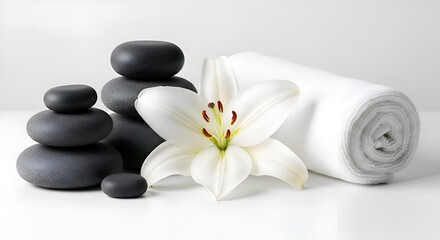 Still life of spa stones lily and rolled white towel
