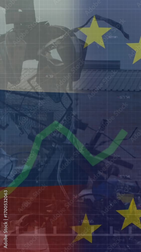 Poster Animation of eu and russia flag and statistics data processing over machine at junkyard
