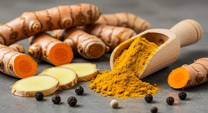 Macro shot of fresh turmeric roots and powder spilling from a wooden scoop onto a stone surface, with ginger slices and peppercorns scattered nearby.