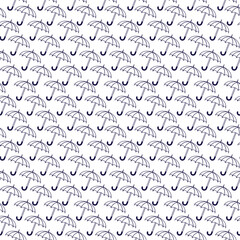 Umbrella cane outline seamless pattern in blue colors on white.