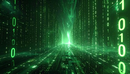 A digital tunnel, illuminated by glowing green binary code, extends into a bright, futuristic space.