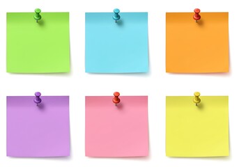Six colorful sticky notes pinned to a white background