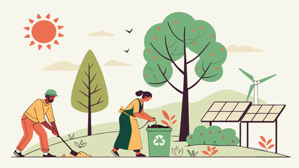 Man and woman cleaning park with solar panels and wind turbine.