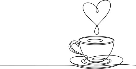 Black line drawing of coffee cup with heart steam saucer
