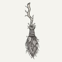 Vintage witch broomstick hand drawn rustic magical flying object spooky halloween illustration