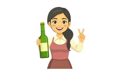 Woman holding wine bottle, cheerful