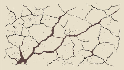 A network of dark brown cracks spreads across a light beige surface, illustrating a dry, fractured, and weathered texture.