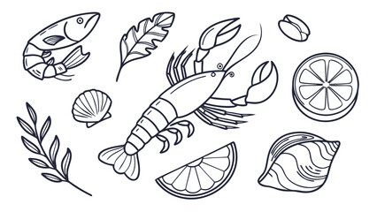 A collection of hand-drawn seafood illustrations, including a lobster, shrimp, fish, shells, and lemon slices, presented in a clean, minimalist line art style.