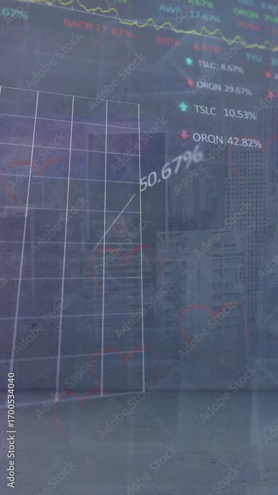 Aufkleber animation of statistical and stock market data processing against aerial view of cityscape