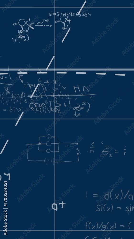 Poster animation of lines over grid pattern and mathematical equations and diagrams on black background