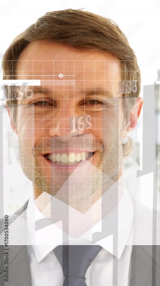 Poster animation of graphs with changing numbers, grid pattern, smiling caucasian man standing in office