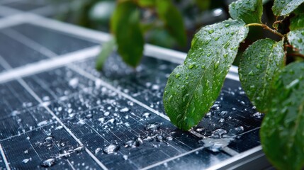 Beautiful photo of solar panels generate green energy. Photovoltaic panels with water drops and green leaves illustrate eco-friendly technology, renewable resource. Alternative.