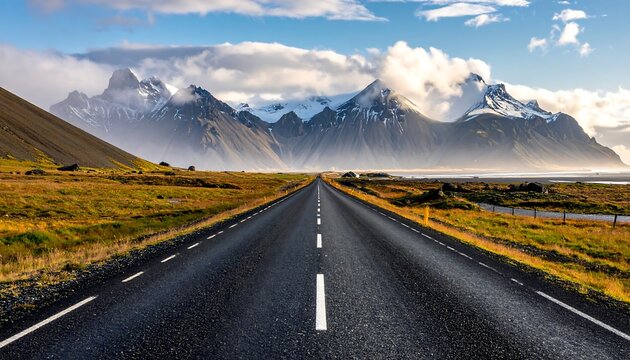 A vast, paved road stretches into a breathtaking landscape of snow-capped mountains, bathed in the warm glow of a scenic horizon.