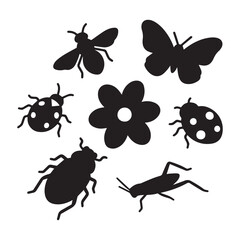 Silhouette Garden Insects and Flower Vector Illustration with Butterfly, Bee, Ladybug, Beetle. 