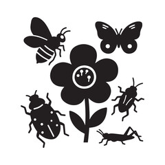 Silhouette Garden Insects and Flower Vector Illustration with Butterfly, Bee, Ladybug, Beetle. 
