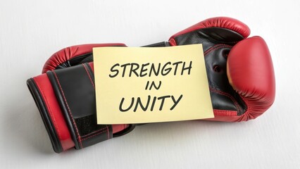 Boxing Gloves with Strength in Unity Note for Teamwork Concept