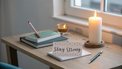 Cozy Workspace with Stay Strong Motivational Note and Candlelight