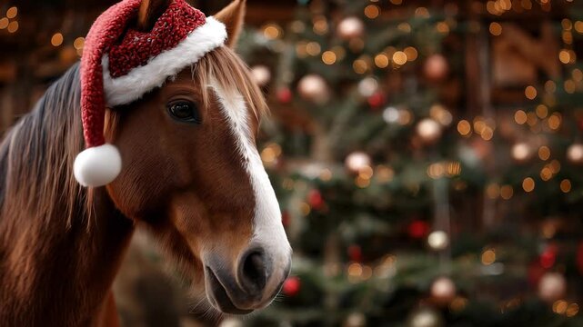 Horse wearing a Santa hat against the background of festive lights and a Christmas tree.