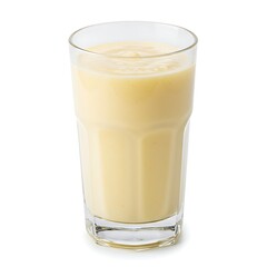 A tall glass of creamy yellow smoothie isolated on white background