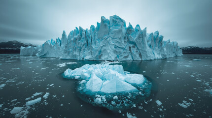 Large, melting glacier in a remote, arctic location. The ice is a deep blue and is visibly cracking and melting into the surrounding water. The mood is somber and stark.