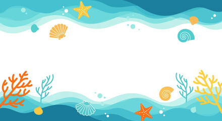 Oceanic Summer Wave Border with Shells and Starfish