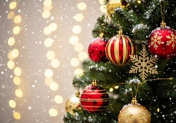 Fototapeta premium Closeup of a decorated christmas tree with bokeh lights and snow
