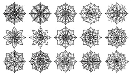 A collection of intricate, symmetrical floral designs in a black and white style, suitable for coloring or decorative use.