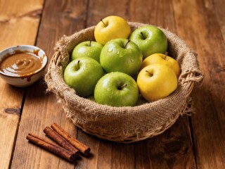 Still life with green apples, basket, and plant on a wooden table. product mockup photo E-commerce marketing poster Background shooting scene