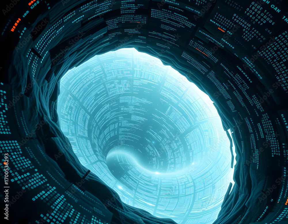 Poster an abstract digital tunnel swirls with a futuristic blue light, a fractal pattern of lines and circl