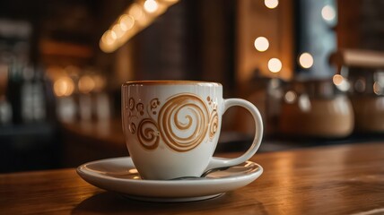 Obraz premium Closeup of a cup of coffee on a saucer in a cozy cafe setting