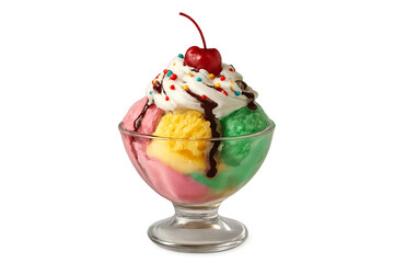 Colorful Ice-Cream Sundae with Whipped Cream, Chocolate Syrup, Sprinkles, and Cherry Isolated Transparent PNG
