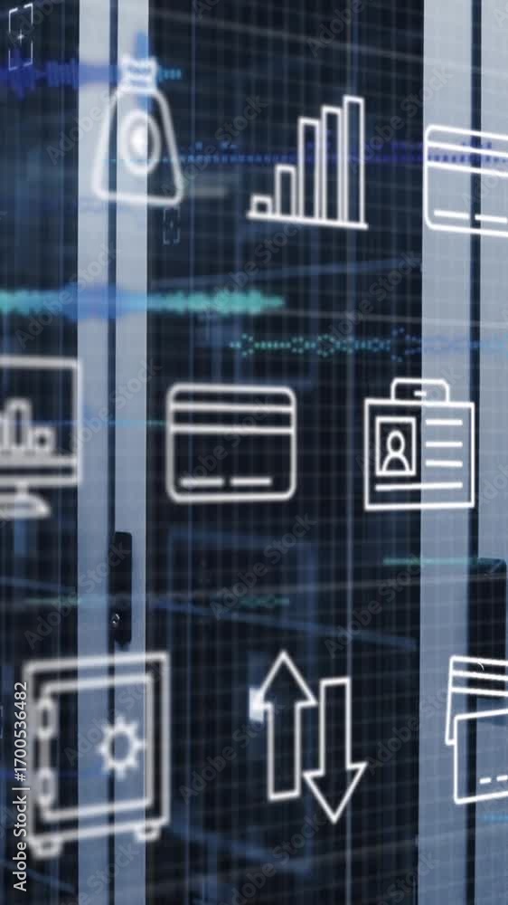 Aufkleber animation of multiple icons with lens flares over data server racks in server room