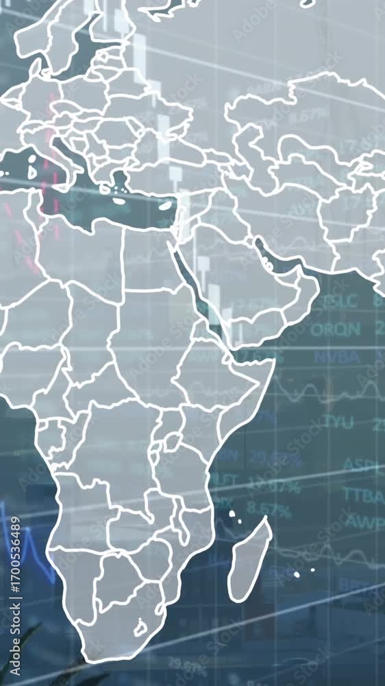 Poster animation of map and multiple graphs with trading board over modern city