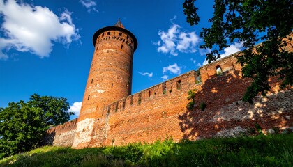 A towering brick fortress, ancient and imposing, stands against a vibrant blue sky dotted with fluffy clouds.