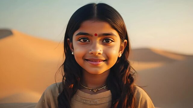 Smiling Indian girl with traditional bindi in desert at sunset, cinematic close up with natural blinking and warm expression, cultural lifestyle video with golden light and authentic portrait motion