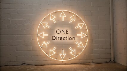 Bright Neon Sign with Arrows and Text on White Brick Wall