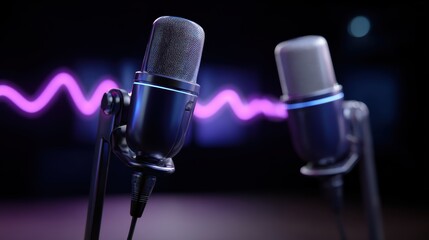 podcast studio with holographic audio waves, modern microphones, AI assistant managing recording