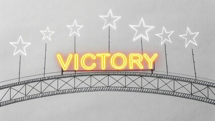 Bright Neon Victory Sign with Stars on a Stylized Bridge Illustration