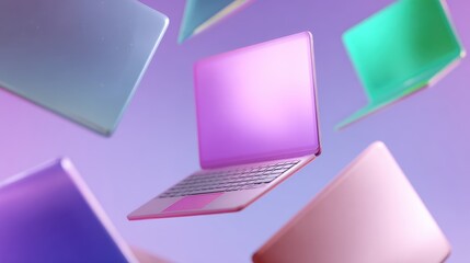 futuristic computer cartoon, colorful neon laptops and devices, tech symbols floating, playful digital style