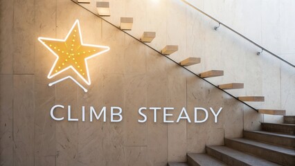Bright Neons on Staircase with Inspirational Message and Star Icon