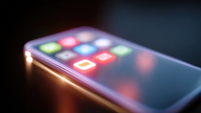 mobile technology showcase, futuristic holographic smartphone interface, glowing neon apps