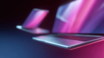 computer clipart design, colorful neon devices, digital symbols floating, abstract futuristic concept