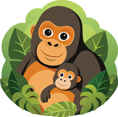Two cartoon gorillas mother and baby in green leaves